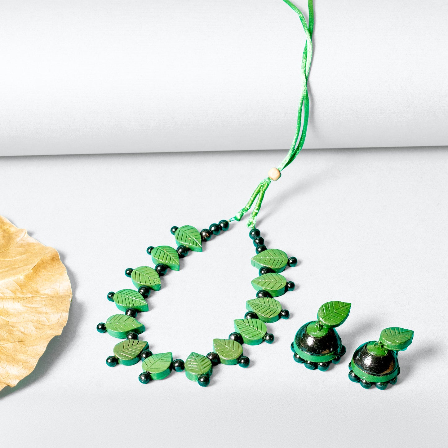 Prakriti's Green Leaf Terracotta Necklace Set with Earrings – Handcrafted Ethnic Jewelry