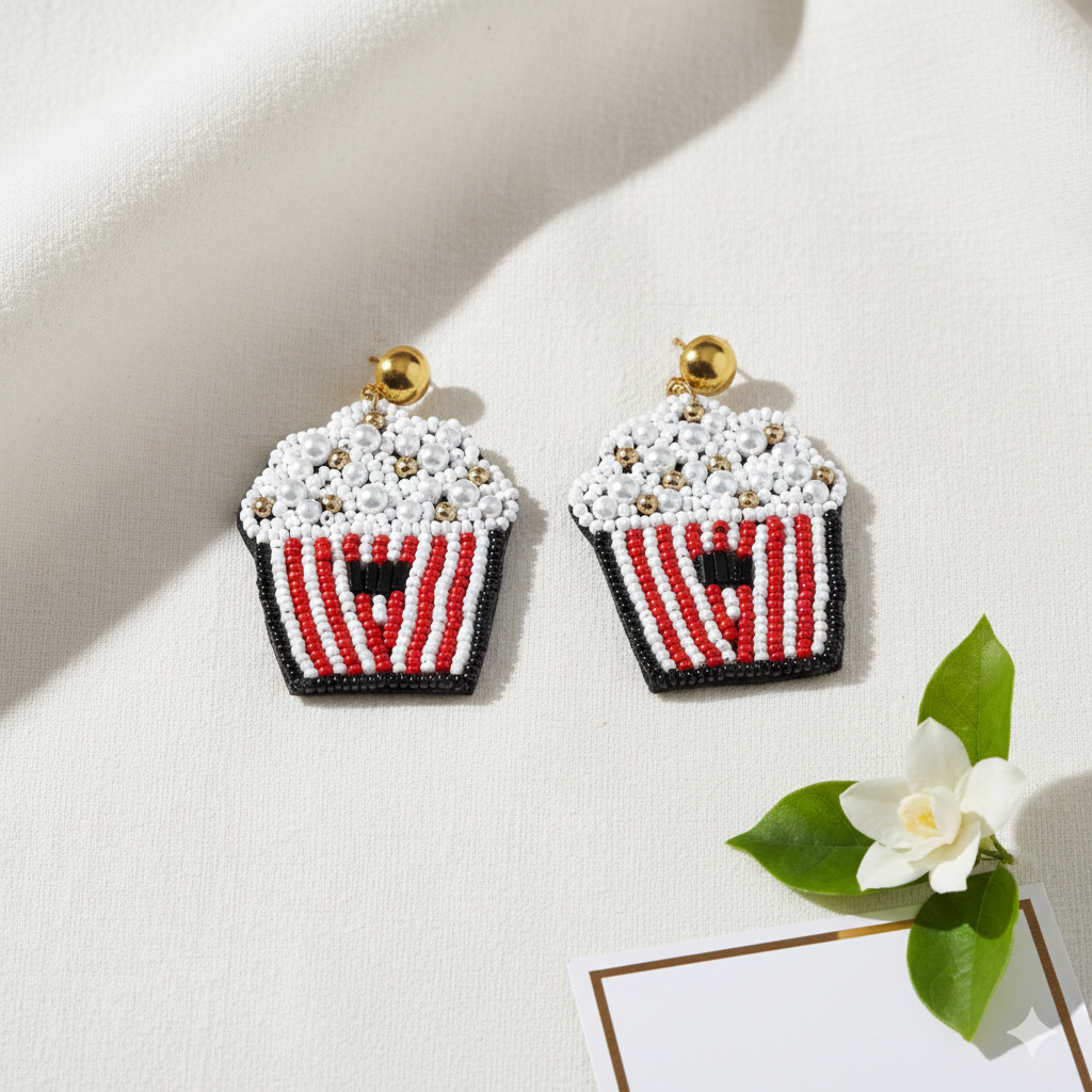 Movie Night Popcorn Bucket Handmade Beaded Earrings - Funky Statement Jewelry