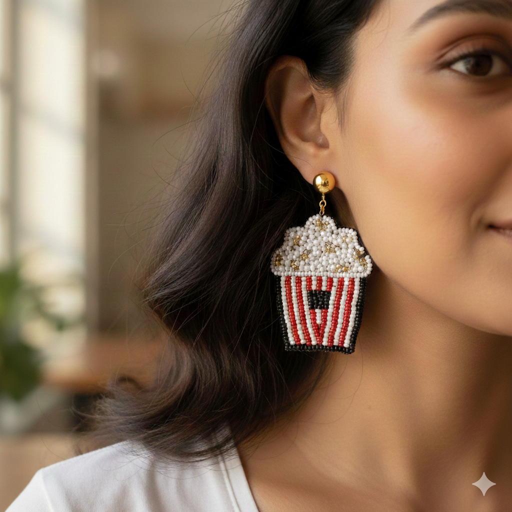 Movie Night Popcorn Bucket Handmade Beaded Earrings - Funky Statement Jewelry