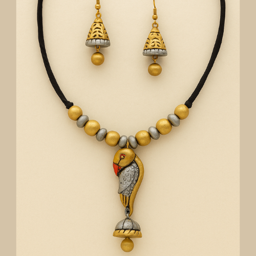 Handcrafted Parrot Pendant Terracotta Necklace Set