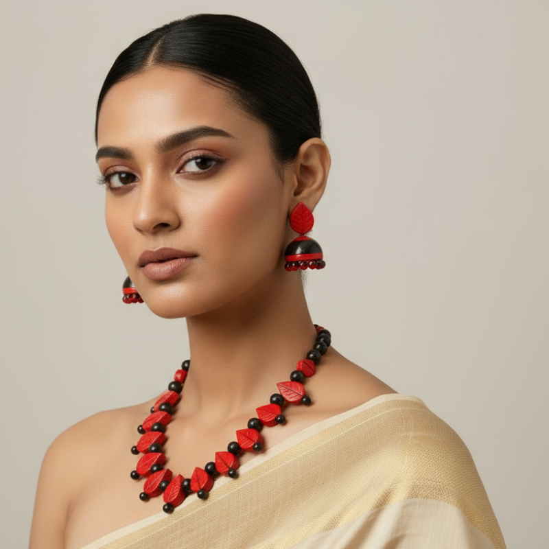 Lavisha's Red Terracotta Leaf Necklace Set