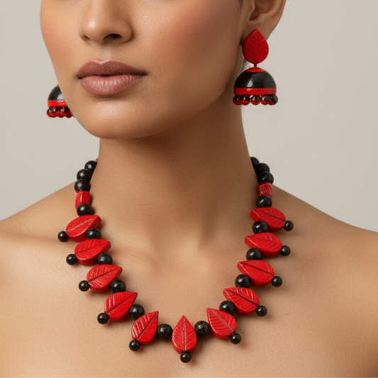Lavisha's Red Terracotta Leaf Necklace Set