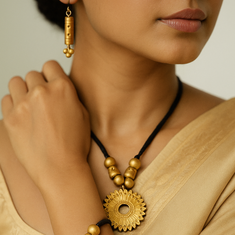 Ayesha's Golden Blossom Terracotta Necklace Set