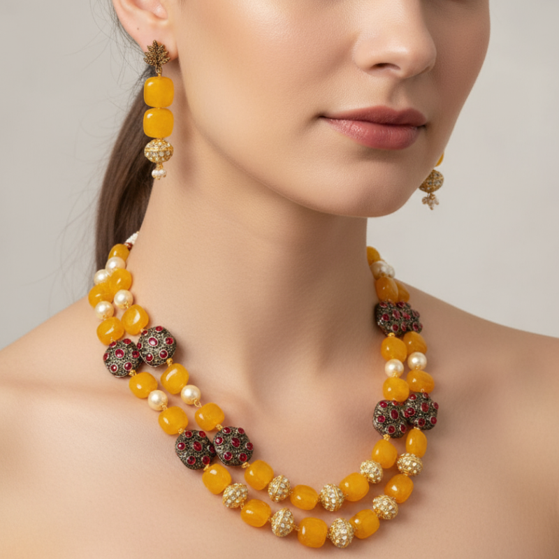 Amrapali Yellow Beaded Kundan Necklace Set with Earrings - Festive Haldi & Wedding Jewelry
