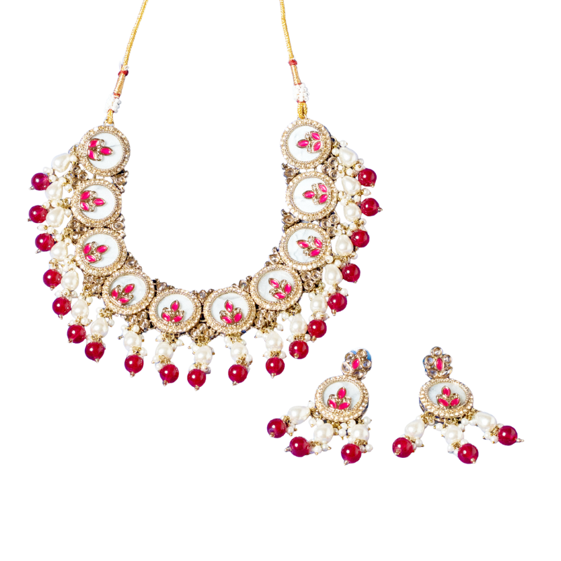 Chandrika Red & White Meenakari Kundan Necklace Set with Earrings - Bridal Kundan Set