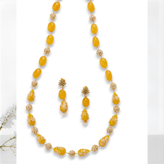 Kanika's Yellow Beaded Kundan Necklace Set with Earrings – Festive Ethnic Jewelry