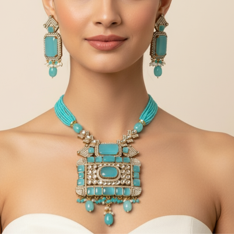 Turquoise Kundan Beaded Necklace Set with Earrings