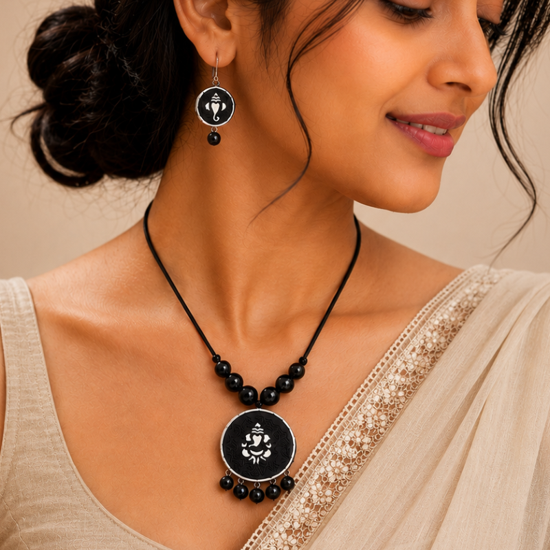 Amisha's Handcrafted Black Terracotta Statement Necklace & Earrings Set
