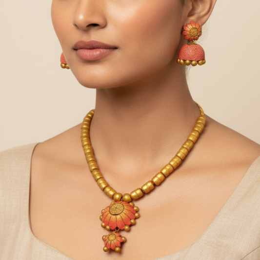 Amara's Handcrafted Terracotta Floral Necklace Set