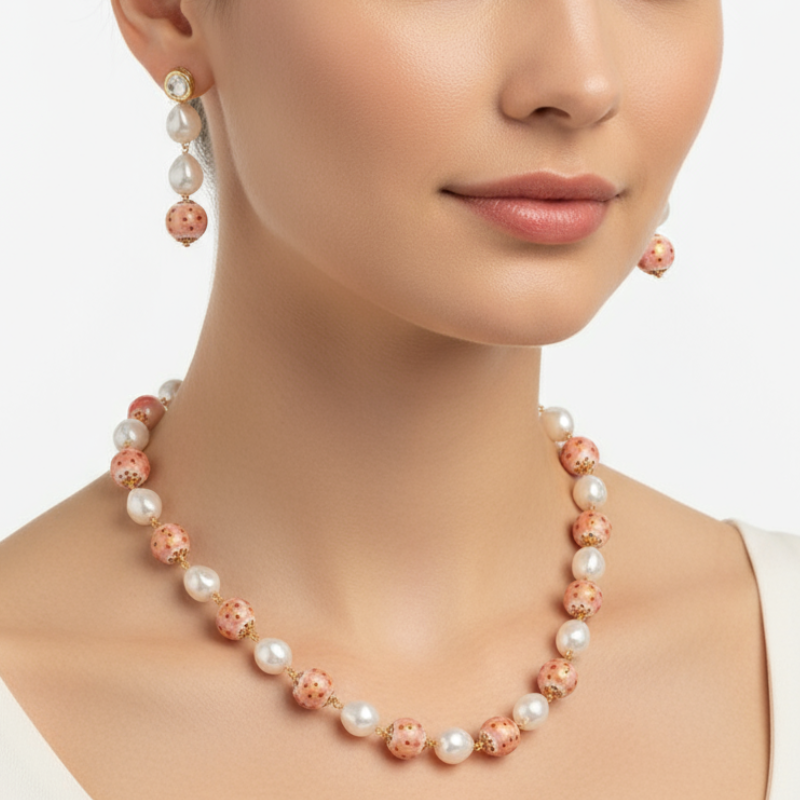 Mrinalini's Pink Bead & Pearl Necklace Set with Earrings – Elegant Festive Jewelry