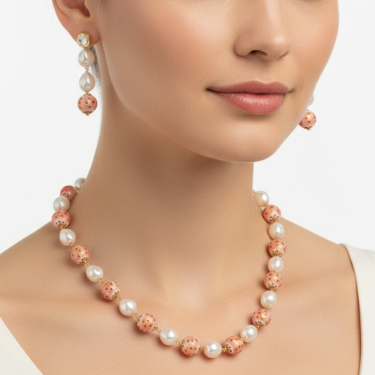 Mrinalini's Pink Bead & Pearl Necklace Set with Earrings – Elegant Festive Jewelry