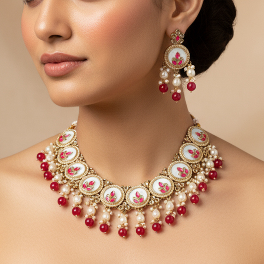Chandrika Red & White Meenakari Kundan Necklace Set with Earrings - Bridal Kundan Set