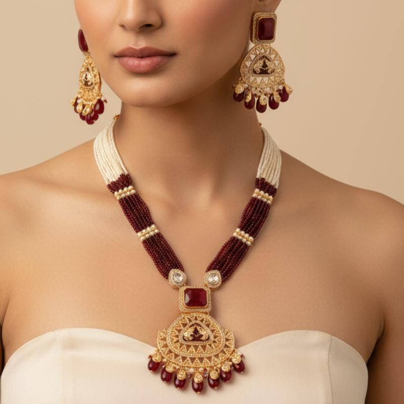 Charulata's Red & Pearl Kundan Meenakari Necklace Set with Earrings – Heritage Bridal Jewelry