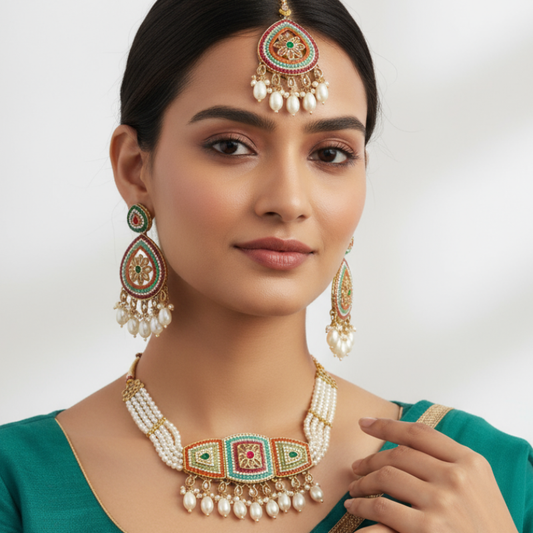Padmavati Pearl & Meenakari Choker Necklace Set with Earrings and Maang Tikka – Heritage Bridal Jewelry