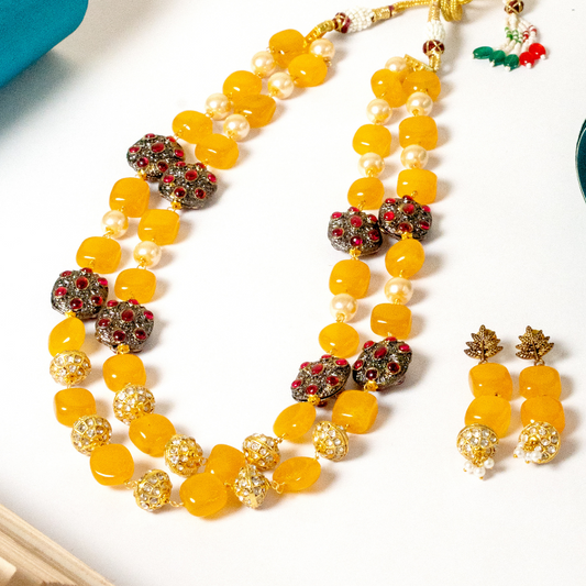 Amrapali Yellow Beaded Kundan Necklace Set with Earrings - Festive Haldi & Wedding Jewelry