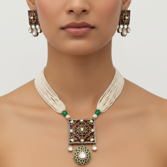 Rajnandini's Red & Green Kundan Meenakari Necklace Set with Earrings – Handcrafted Bridal Jewelry