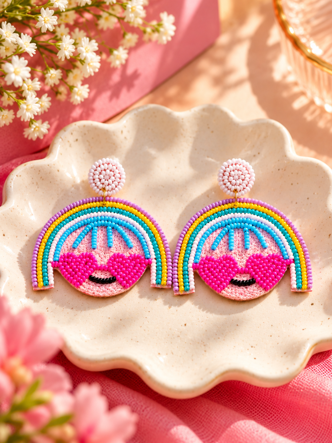 Rainbow Heart Smile Beaded Statement Earrings