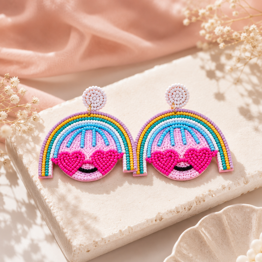 Rainbow Heart Smile Beaded Statement Earrings