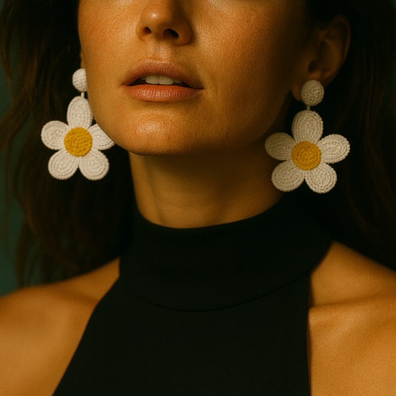 Hand-Beaded Daisy Earrings – White & Yellow