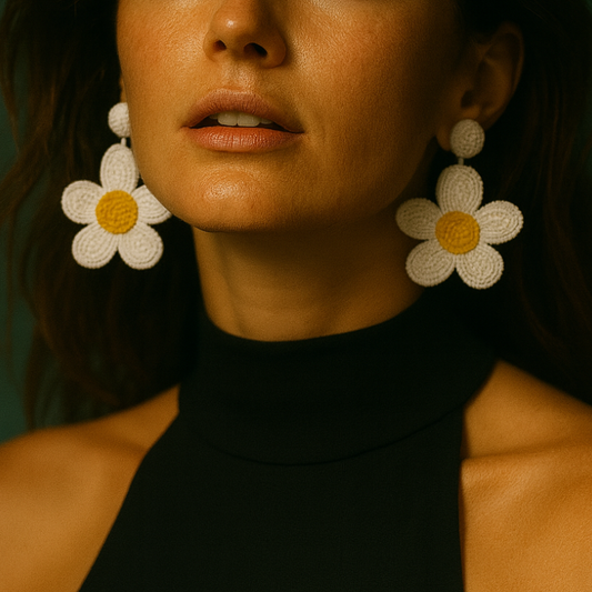 Hand-Beaded Daisy Earrings – White & Yellow