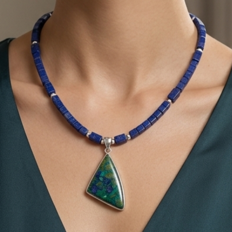 Artisan necklace featuring square blue lapis lazuli beads and a triangular green malachite mosaic pendant on a premium model.