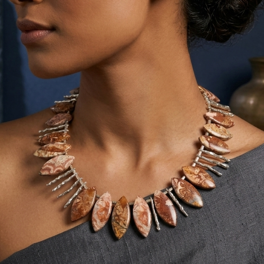 Side view of the Birds Eye Jasper Choker showing the ergonomic curve designed to sit flush against the neckline.