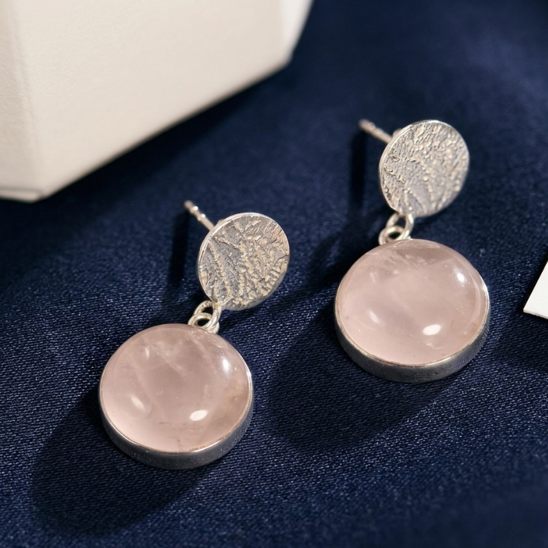 Natural Handmade 925 sterling silver rose quartz drop earrings for women. Featuring natural pink gemstone cabochons and textured silver studs, perfect for elegant daily wear.