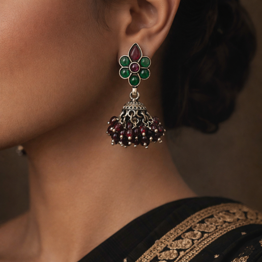 RIAS Ruby Bloom 925 Silver Jhumkas