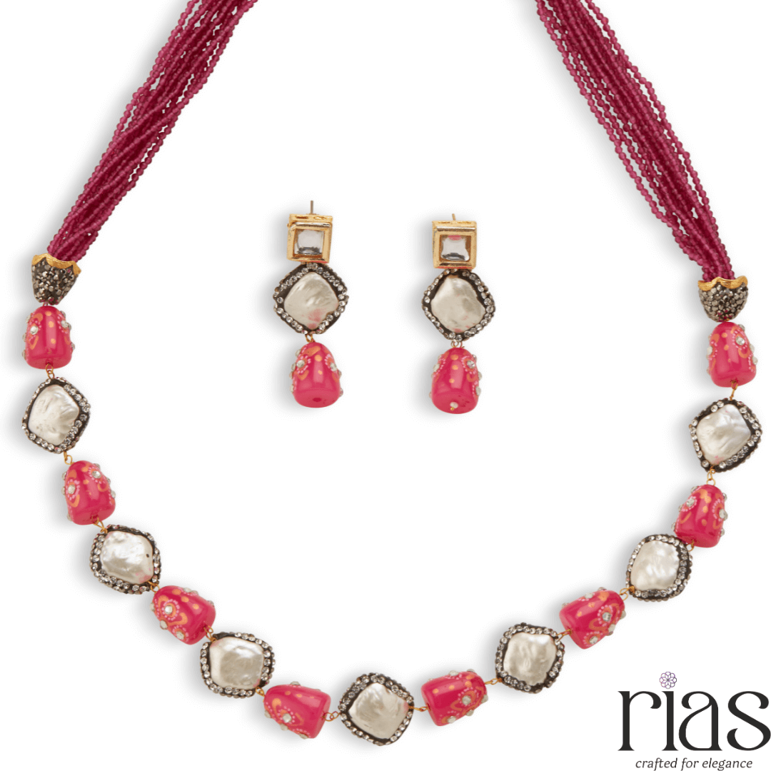 Majestic Pink Coral & mother pearl Pearl Fusion Necklace Set