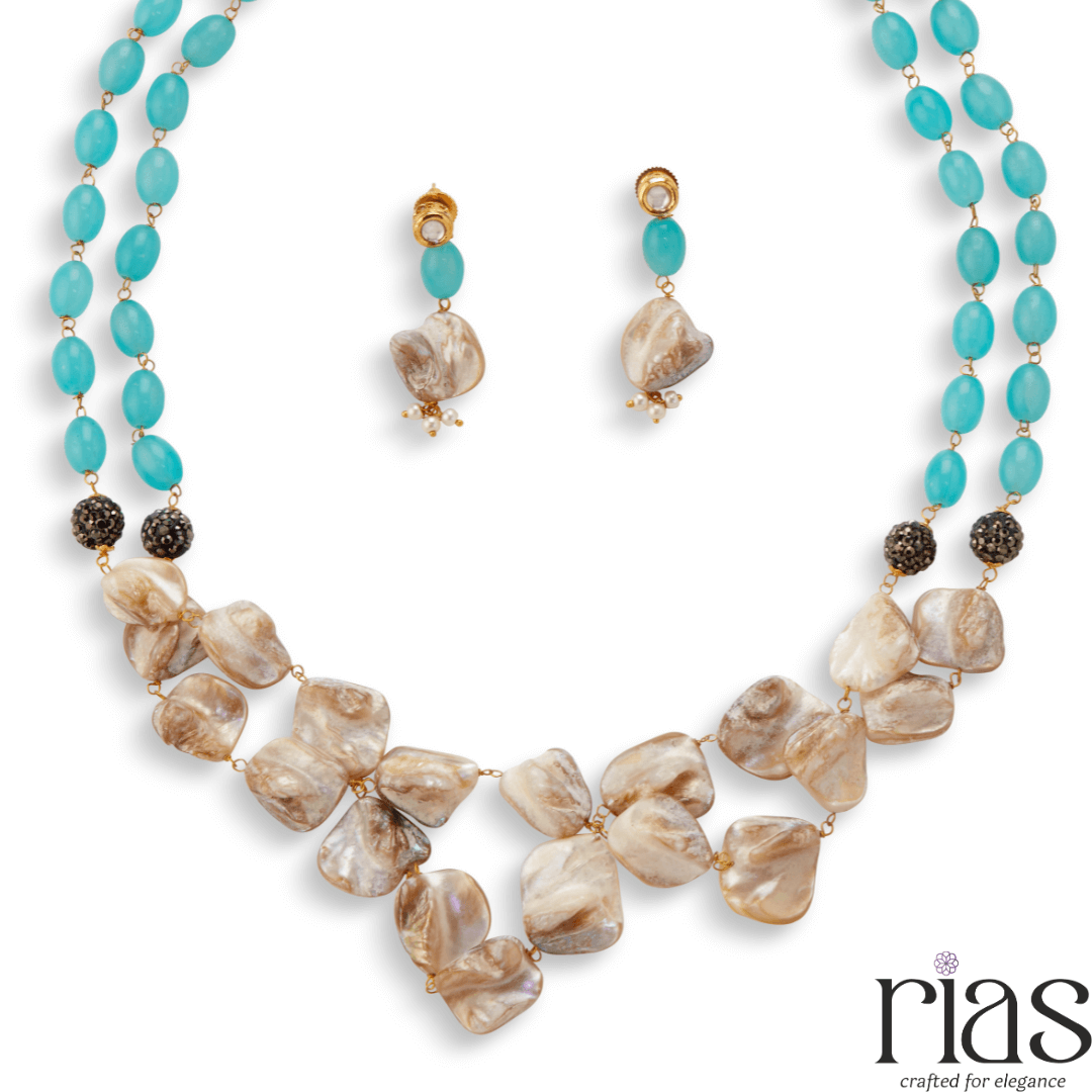 Ocean Breeze mother pearl Shell & Aqua Bead Necklace Set