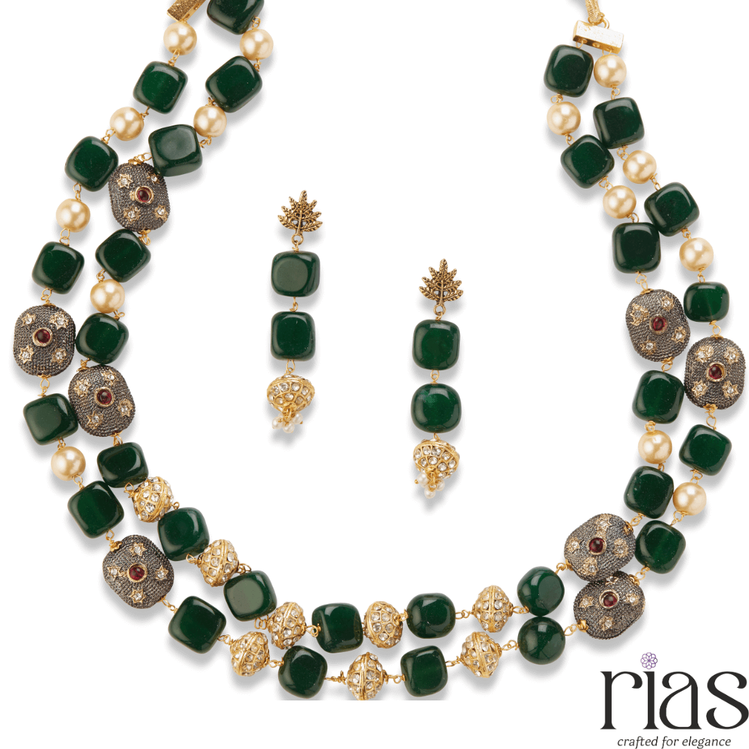 Royal Green Kundan Pearl Necklace Set - Festive Designer Jewelry