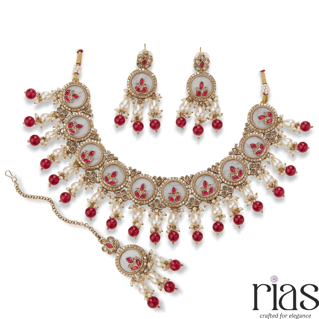 Royal Kundan Pearl & Ruby Bridal Necklace Set